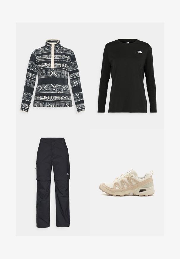 Puli od flisa s visokim ovratnikom, s krem dugmadi i apstraktnim geometrijskim uzorcima u crnoj i bijeloj boji.; Crni dugih rukava majica od pamuka s okruglim izrezom. Ima mali bijeli logo na lijevoj strani prsnog područja. Jednostavan dizajn i kroj.; Crne najlon hlače s munjevim zatvaranjem, odvojive cargo hlače s podesivim manžetama, brojnim džepovima i logom na desnoj nozi. Glatka, lagana tekstura.; Bež i kremasti sportski tenisice s teksturiranim mrežastim gornjim dijelom, potpornih preklopa i gumeni potplat s uzorcima za prianjanje.