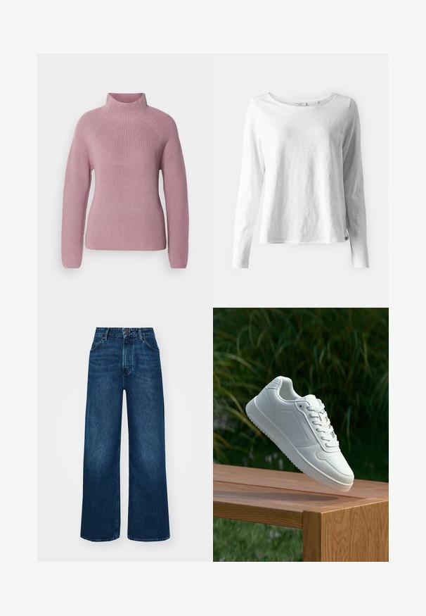 Marc O'Polo LONGSLEEVE STAND UP COLLAR - Camisola - dark mauve; Camisola de manga longa branca em tecido suave e leve; possui um decote redondo e um ajuste ligeiramente relaxado; etiqueta visível na lateral.; Jeans de cintura alta e pernas largas em denim azul escuro com uma textura suave, costuras em contraste e design de cinco bolsos. Fecho frontal com botão.; Sapatilha branca com um cabedal sintético liso, caixa dos dedos perfurada, atacadores planos e uma sola texturizada, exposta sobre uma superfície de madeira.