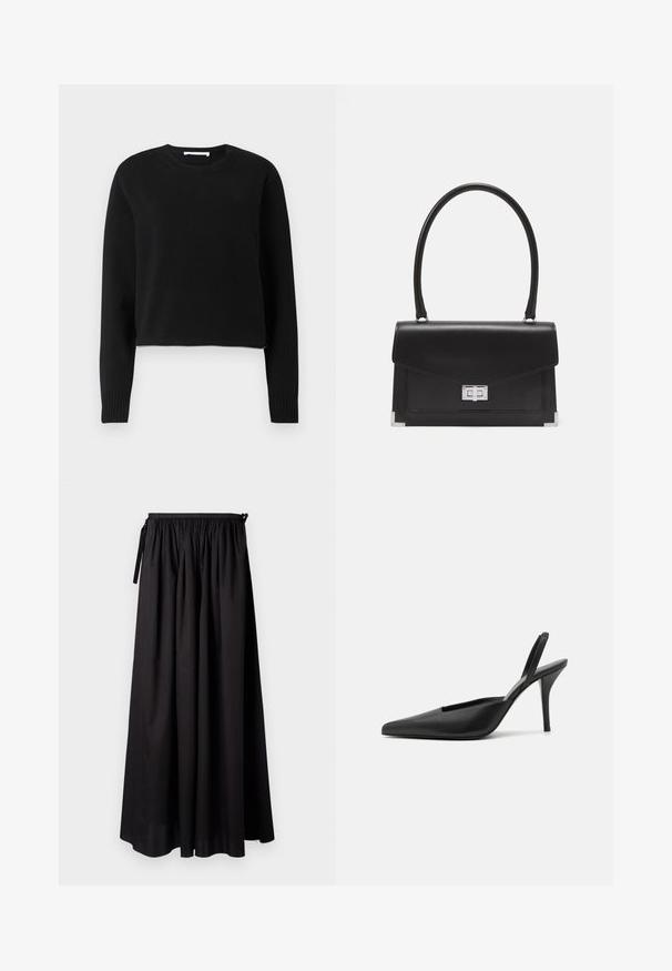 Pulover scurt negru cu mâneci lungi, guler și manșoane cu nervuri, confecționat dintr-un material moale. Design simplu și fără cusături.; Fustă maxi neagră cu un talie plisată, având detalii cu șnur și un design fluid dintr-un material neted. Fără modele sau accente vizibile.; Pantofi cu toc slingback negri, cu vârful ascuțit, din material din piele netedă, având un design elegant și minimalist. Toc înalt, tip stiletto.; Geantă de mână din piele neagră cu un design structurat, un mâner superior și o închidere din argint. Prezintă accente la colțuri și o textură netedă.