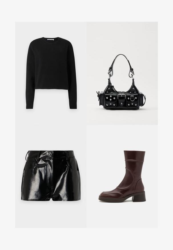 Schwarzer, gekürzter Pullover mit langen Ärmeln, geripptem Halsausschnitt und -bündchen, aus weichem Strickmaterial. Einfaches und nahtloses Design.; Schwarze, glänzende Shorts aus synthetischem Material. Mit einem taillierten Bund, Gürtelschlaufen und vorderen Taschen mit auffälligen Nähdetails.; MIISTA MALENE - Stiefelette - brown; Schwarze Lederhandtasche mit einem geschwungenen Design, verziert mit silbernen Nieten, einer Schnalle und zwei seitlichen Taschen. Verstellbarer Träger für verschiedene Tragemöglichkeiten.