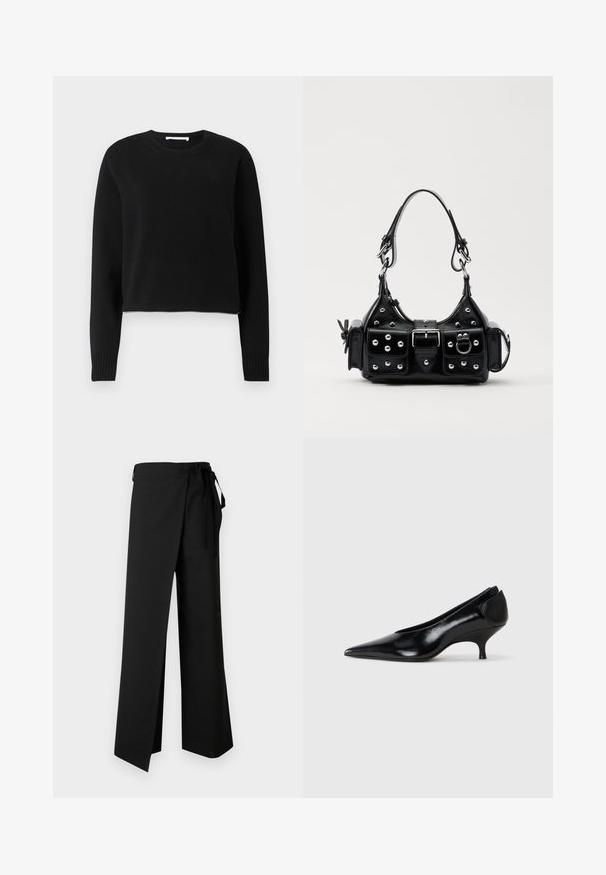 Must värvi lühike kampsun pikade varrukatega, sooniku krae ja mansettide ning pehme kootud materjaliga. Lihtne ja sujuv disain.; Mustad laia säärega püksid, millel on vöökohal pael, sile tekstuur ja ees lõhik, kujundatud mugavuse ja liikumisvabaduse tagamiseks.; Mustmust musta king varvas, madal konts, voolujooneline disain ja sile tekstuur. Omab libisevat stiili, ilma nähtava riistmikuta.; Must värvi nahast käekott, millel on kaarjas disain, hõbedased nupukesed, kinnitusahe ja kaks külgtaskut. Reguleeritav rihm erinevate kandmisvõimaluste jaoks.