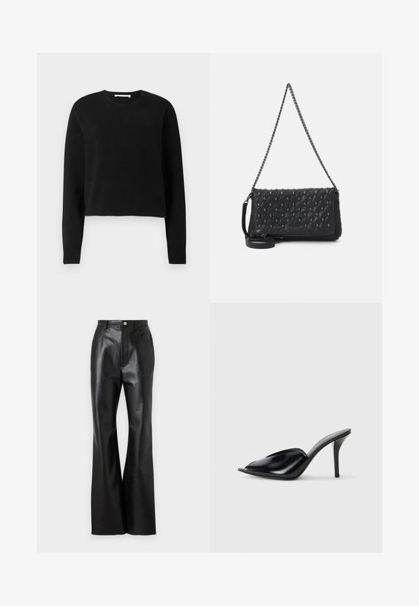 Juodasis trumpas megztinis su ilgomis rankovėmis, su raukšlėtu kaklu ir rankogaliais, pagamintas iš minkštos mezgimo medžiagos. Paprastas ir negalvojamai dizainas.; Juodos odinės platus kojas kelnes su elegantišku apdaila, priekinėmis kišenėmis ir kontrastingomis siūlėmis. Su sagos uždarymu ir struktūruotu juosmeniu.; Juodos odinės aukštakulnės mules su atvira pirštine, smailiu dizainu, lygiu paviršiumi ir plonu stiletto kulnu.; Juodas apklijuotas odinis krepšys su grandinės dirželiu, papuoštas kaukolės akcentais ir užtrauktuku. Strukturizuotas paviršius su blizgiu apdailu.