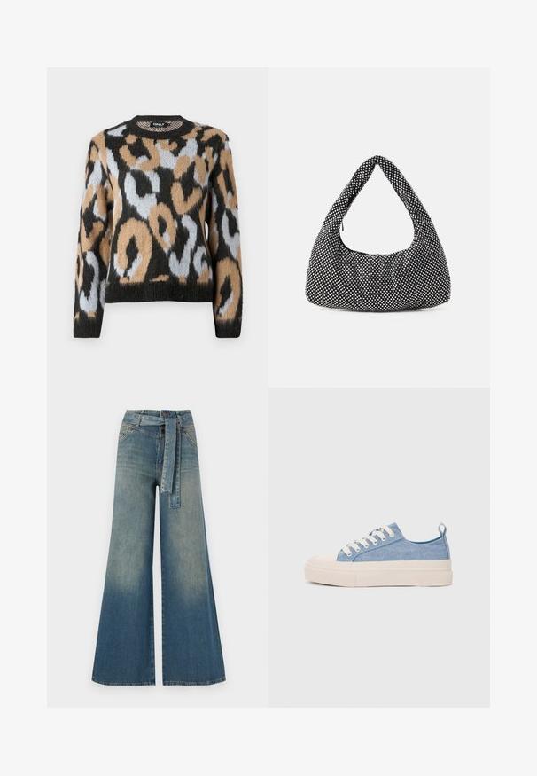 Leopardų rašto megztinis su apvaliu iškirpimu, ilgomis rankovėmis ir juodos, rudos bei šviesiai mėlynos spalvų mišiniu, pagamintas iš tekstūrinio mezgimo audinio.; Platus džinsinis kelnes su šviesiai tamsiai mėlynu gradientu, aukštu juosmeniu, diržo kilpomis ir atitinkančiu audinio diržu. Textūruotas džinsinis paviršius.; Šviesiai mėlyni drobės sportbačiai su kreminiu guminiu pirštų apsaugos ir pado elementu, balti raišteliai ir kilpa ant kulno.; Juoda, kreivę formą turinti hobo tipo rankinė, pagaminta iš tekstūruotos medžiagos, puošta sidabriniais kalnų krištolais. Viena viršutinė rankena, su užtrauktuku užsegama ir minkšta siluetas.