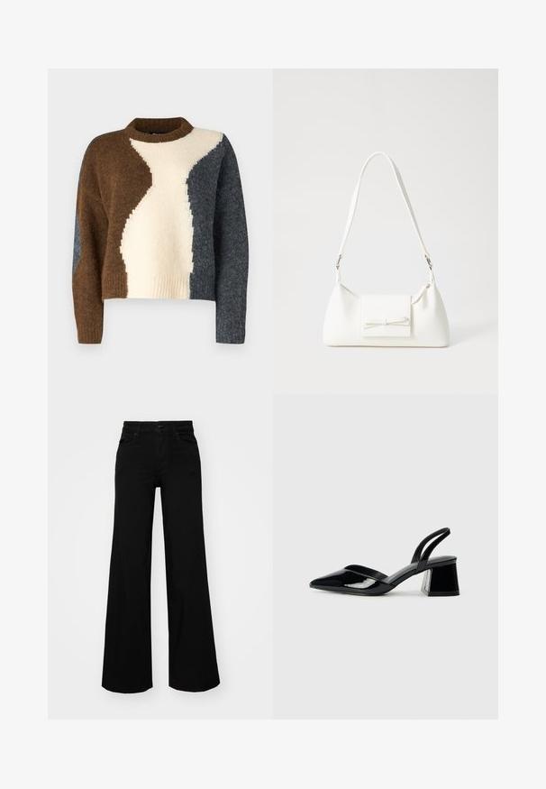 Fargeblokkert genser med brune, kremfargede og mørkegrå nyanser. Laget av mykt stoff med ribbestrikket halslinning og kort design.; Svart vide bukser laget av denim, med en strukturert midjebånd, beltestropper og frontlommer. Glatt tekstur med et klassisk design.; Svarte patentlær slingback hæler med spiss tå og geometrisk blokk hæl. Har et stilrent, minimalistisk design og jevn tekstur.; Hvit syntetisk håndveske med trekantet form, flat klaff foran og sløyfe detaljer, justerbar stropp, glatt tekstur og minimalistisk design.