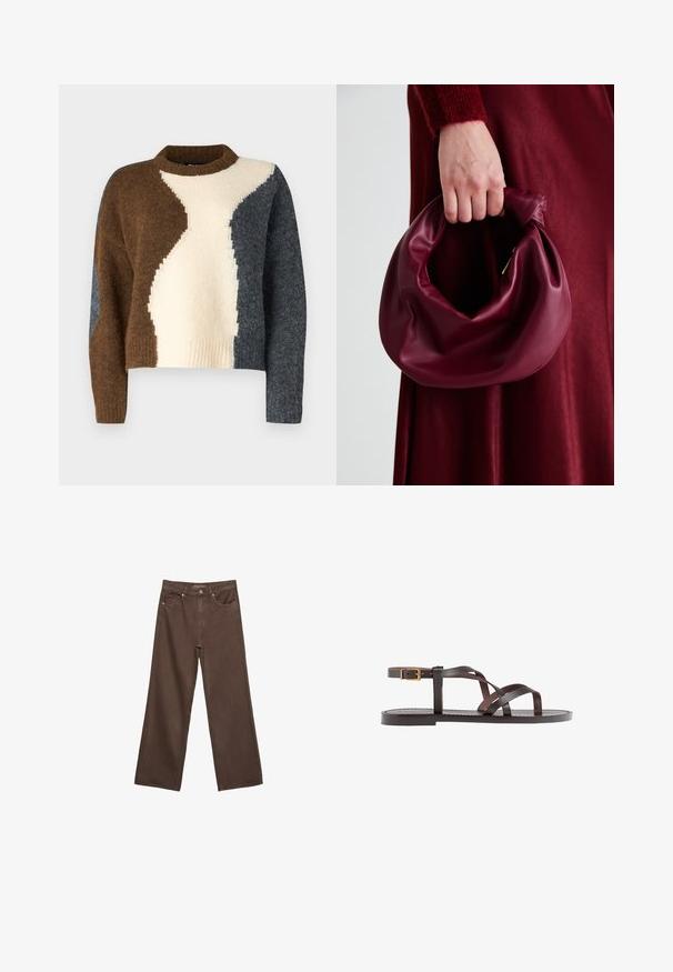 Pulover s blokiranim barvami, ki vsebuje rjave, smetanaste in temno sive odtenke. Narejen iz mehkega materiala z rebrastim ovratnikom in skrajšanim dizajnom.; Široke rjave kavbojke iz denima, ki imajo visok pas, sprednje žepe in klasično zapiranje na gumb. Gladka tekstura s subtilnim šivom.; Rjav usnjen sandal z načinom prečnega črta, zaklepom okoli gležnja in ravnim podplatom z minimalnimi šivi.; Bordo usnjeni ročni torbici s mehak, nabrana zasnova in okrogla oblika. Ročaj je varen in prikazuje gladko teksturo.