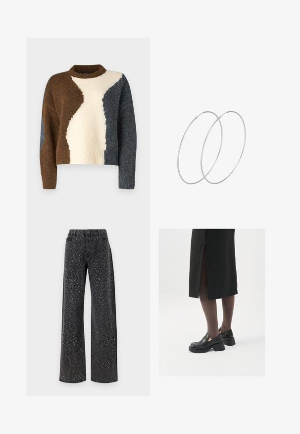 Kleurblok trui met bruin, crème en donkergrijs. Gemaakt van zachte stof met een geribbelde halslijn en een cropped ontwerp.; Noisy May NMJANNEL LOOSE - Relaxed fit jeans - black denim; Zwarte leren schoenen met een ronde neus, dikke blokhak en elastische zijkanten, gecombineerd met donkere panty's en een zwarte rok met een split.; Zilveren hoepel oorbellen met een minimalistisch ontwerp. Cirkelvormig, gladde textuur en dun profiel. Lichtgewicht met een gepolijste afwerking.