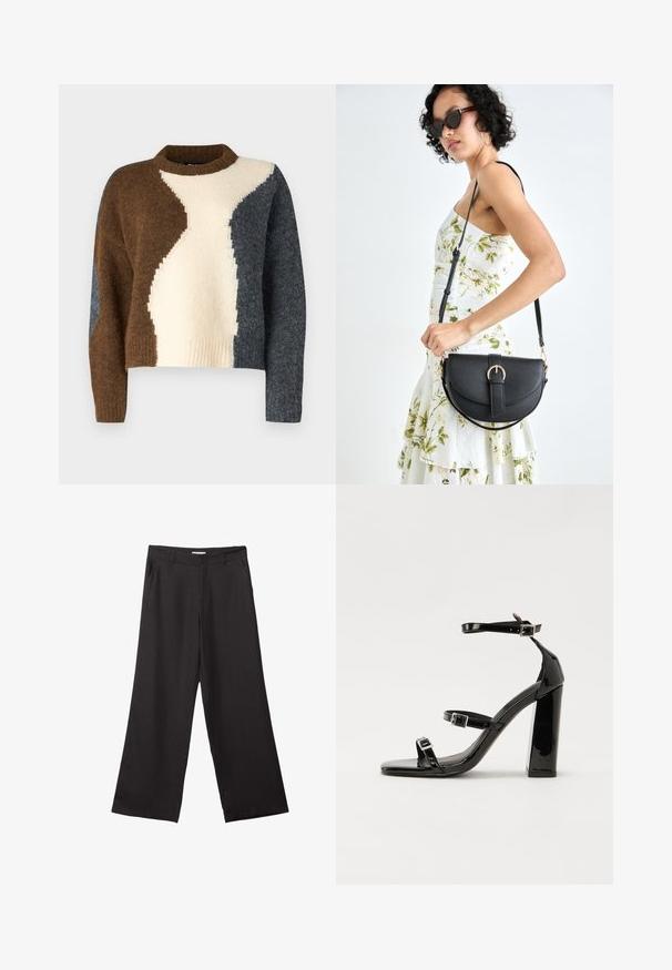 Pulover s blokiranim barvami, ki vsebuje rjave, smetanaste in temno sive odtenke. Narejen iz mehkega materiala z rebrastim ovratnikom in skrajšanim dizajnom.; Črne široke hlače iz gladkega materiala, z sprednjim zadrgo in dvema stranskima žepoma, s prilagojenim krojem in minimalističnim dizajnom.; Črne lakirane sandale s peto, kvadratnim prstom, trakovi okrog gležnja in srebrnimi zaponkami. Opremljene so s stabilno Debelo peto.; Črna usnjena torbica s ukrivljeno obliko, z odstranljivo naramnico in zlatimi dodatki. Torbica ima pokrov s podrobnostmi v obliki zaponke.