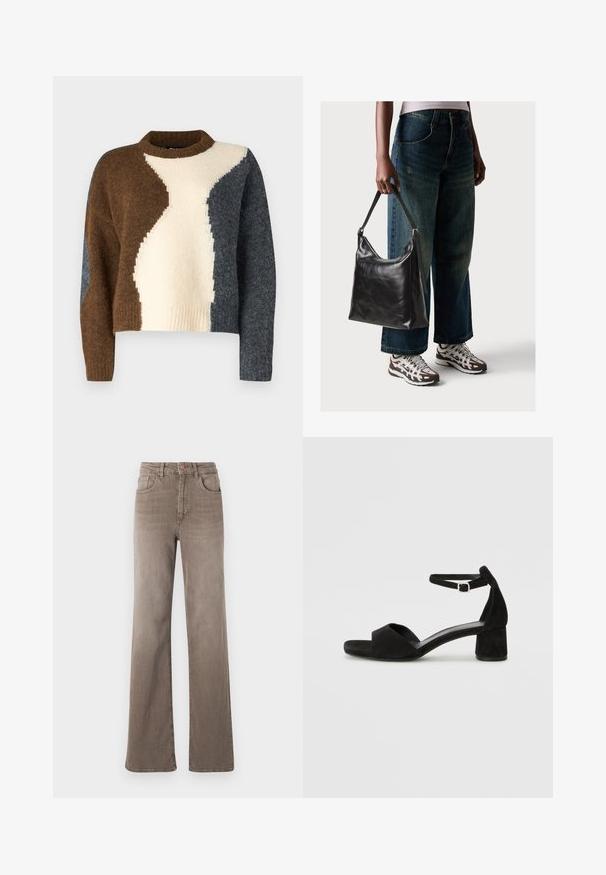 Värviliselt blokitatud sviiter, millel on pruunid, kreemjad ja tumedad hallid toonid. Valmistatud pehmest kangast, millel on soonikkoes kaelaava ja lühendatud disain.; Pruunid kõrge vöökohtadega sirged teksad, millel on ees nupp, vöölõngad ja klassikaline viie tasku disain valgel taustal.; Mustad nahast kontsad avatud varvastega, millel on õhuke pahkluu rihm ja tagasihoidlik plokkkonts. Sile tekstuur ja minimaalsed aksessuaarid.; Must musta õlakott, millel on sile tekstuur ja reguleeritav rihm, koos pleekinud laia jalgadega teksade ja sportlike tossudega.