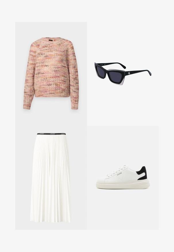 Sweter dziany w miękkich odcieniach różu z wielokolorową teksturą, z okrągłym dekoltem i długimi rękawami, wykonany z ciepłego, puszystego materiału.; Plisowana biała spódnica z czarnym elastycznym pasem z logo "LACOSTE". Średniej długości, o miękkiej teksturze.; Białe skórzane sneakersy z grubą białą podeszwą, czarnym zamszowym akcentem na pięcie oraz wytłoczonym logotypem z boku. Projekt z sznurówkami i sześcioma dziurkami.; Czarne, oversize okulary przeciwsłoneczne o geometrycznym kształcie, z ciemnymi soczewkami i kontrastującym szarym detalem na oprawie. Logo na ramieniu.