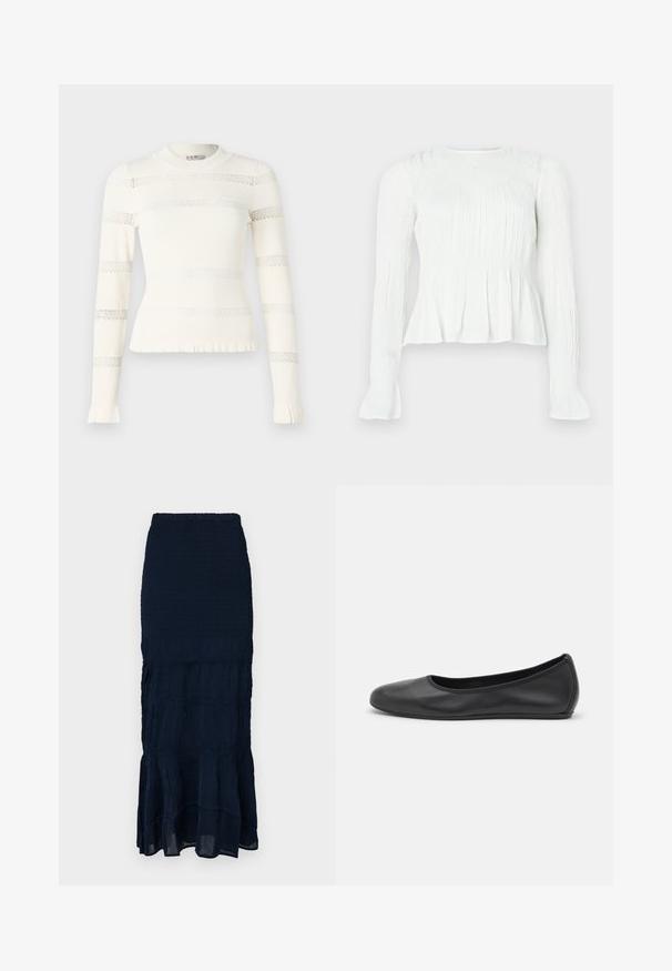 Maglione crema a maniche lunghe con trama a coste e dettagli a strisce orizzontali in pizzo. Silhouette aderente con orlo e polsini arricciati.; Blusa bianca a maniche lunghe con dettagli in tessuto raccolto, corpino arricciato e polsini svasati su uno sfondo neutro.; Gonna midi blu navy arricciata con orlo a balze a più strati e tessuto strutturato. Vita elasticizzata per una vestibilità regolabile.; Pantofole da balletto nere in pelle con punta arrotondata, texture liscia, dettagli di cucitura minimi e design con suola flessibile.