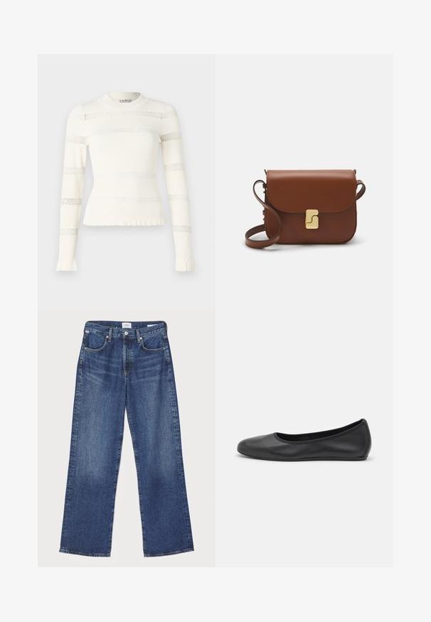 Krémový top s dlhým rukávom a priliehavým strihom, s horizontálnou čipkou a rebrovanými vzormi, a s volánom na manžetách.; Citizens of Humanity ANNINA - Džínsy s rovným strihom - westwood dark indigo; Čierne kožené baleríny s okrúhlou špičkou, hladkým povrchom, minimálnym prešívaním a flexibilným dizajnom podrážky.; Hnedá kožená kabelka s klopou, zlatými kovovými prvkami, ramenným popruhom a hladkým povrchom. Kompaktný obdĺžnikový tvar.