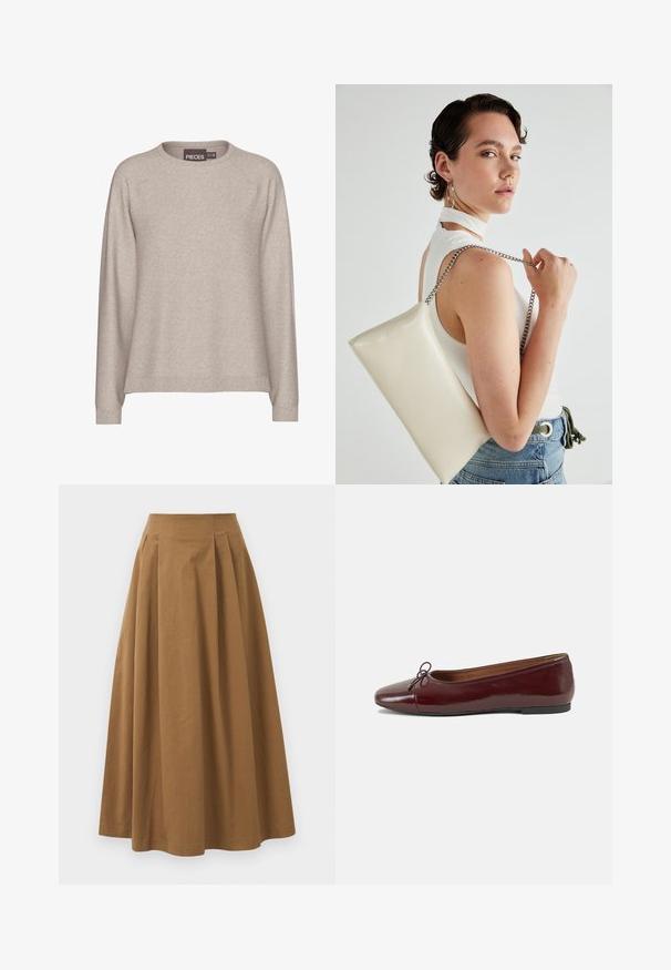 Bej pulóver, puha kötött anyagból. Kerek nyakkal, hosszú ujjakkal és bordázott mandzsettával rendelkezik. Lazán illeszkedik, sima tapintású.; Barna pamut A-vonalú szoknya magas derékkal, elöl pliszézett és sima textúrával. Az alsó szegélyek letisztultak és egyszerűek.; Burgundi lakkbőr balettcipő kerek orral, elöl kis masni díszítéssel és alacsony, fekete gumi talppal. Simára csiszolt felület.; Fehér, téglalap alakú, fényes anyagból készült clutch táska, ezüst láncos pánttal. A modell pózol, bemutatva a táskát egy egyszínű háttér előtt.