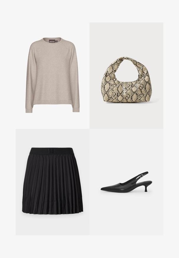 Bej pulóver, puha kötött anyagból. Kerek nyakkal, hosszú ujjakkal és bordázott mandzsettával rendelkezik. Lazán illeszkedik, sima tapintású.; Fekete, pliszírozott szoknya sima textúrával, egyszínű fekete derékrésszel és a fronthoz írt logóval.; Fekete bőr szandálcipő hegyes orral és karcsú, ívelt sarokkal. Diszkrét, állítható pánttal rendelkezik, fém csattal.; Kígyómintás kézitáska ívelt fogantyúval. Texturált, bézs és barna anyagból készült, jellegzetes gyémántmintával.