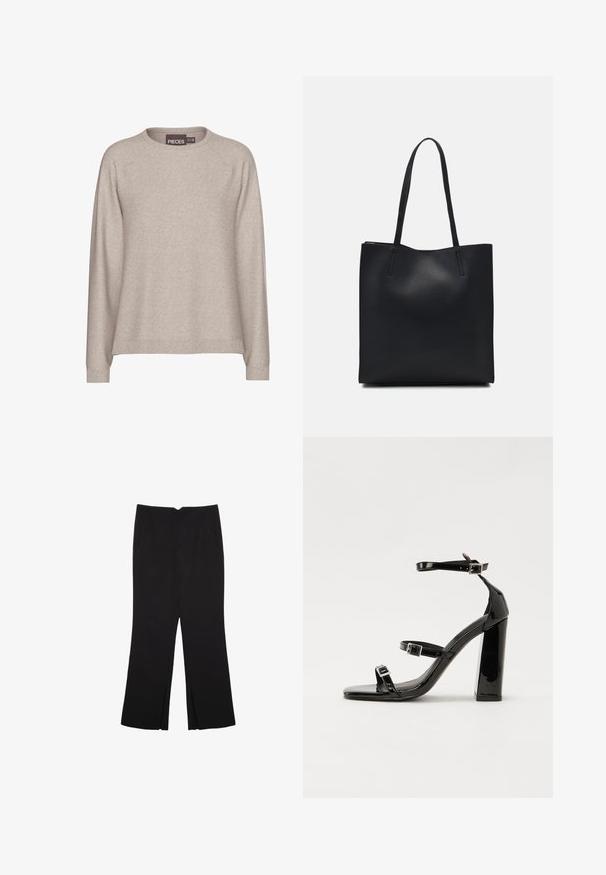 Beige Pullover aus weichem Strickstoff. Mit Rundhalsausschnitt, langen Ärmeln und gerippten Bündchen. Lässige Passform mit glatter Textur.; Schwarze Hose mit geradem Schnitt, ausgestattet mit Fronttaschen und Seitenschlitzen am Saum. Hergestellt aus weichem, glattem Stoff. Geeignet für verschiedene Anlässe.; Schwarze patentierte Sandalen mit Absatz, quadratischer Spitze, Knöchelriemen und silbernen Schnallen. Mit einem stabilen Blockabsatz für mehr Stabilität.; Schwarze Laptoptasche aus Leder mit glatter Textur, rechteckiger Form und zwei langen Griffen. Keine sichtbaren Beschläge oder Verzierungen.