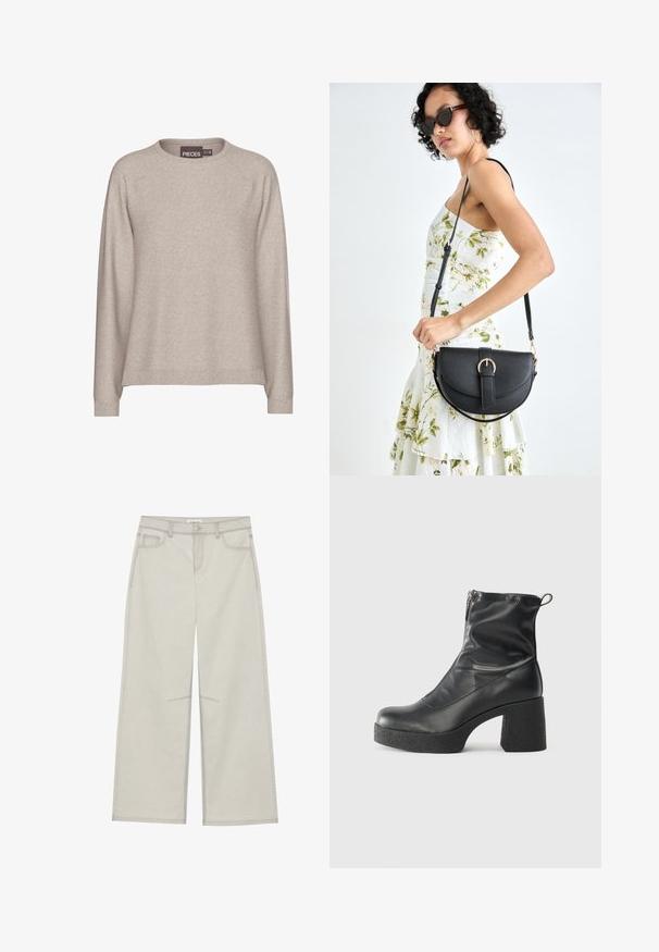 Bej pulóver, puha kötött anyagból. Kerek nyakkal, hosszú ujjakkal és bordázott mandzsettával rendelkezik. Lazán illeszkedik, sima tapintású.; Világosszürke, bő szárú nadrág, öt zsebbel, elülső gombos záródással és kontrasztos varrással a varrások mentén. Az anyag puhanak és tartósnak tűnik.; Fekete bokacsizmák sima bőrből, oldalsó cipzárral, vastag, texturált sarkú és lekerekített orrú dizájnnal.; Fekete bőrtáska ívelt formával, levehető pánttal és arany színű fémrészekkel. A táskán egy csattal díszített fedél található.