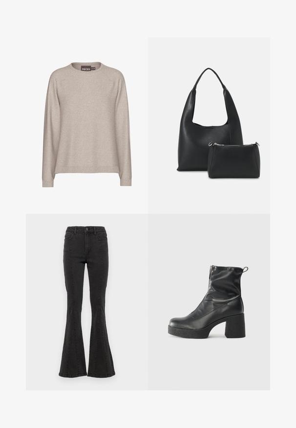 Beež kootud kampsun, mis on valmistatud pehmest kootud kangast. Omab ümarat kaela, pikki varrukaid ja soonikkoes mansette. Ükskõikne istuvus sujuva tekstuuriga.; Mustad denimist laiad püksid kõrge vöökohaga, külgõmblustega ja puhta viimistlusega hemperites. Kanga pind on sile ja kerge venivusega.; Mustad mustad ansapüksid, mis on valmistatud siledast nahast, külje zipperiga, paksu tekstuuriga kontsaga ja ümmarguse nina disainiga.; Even&Odd Käekott - black