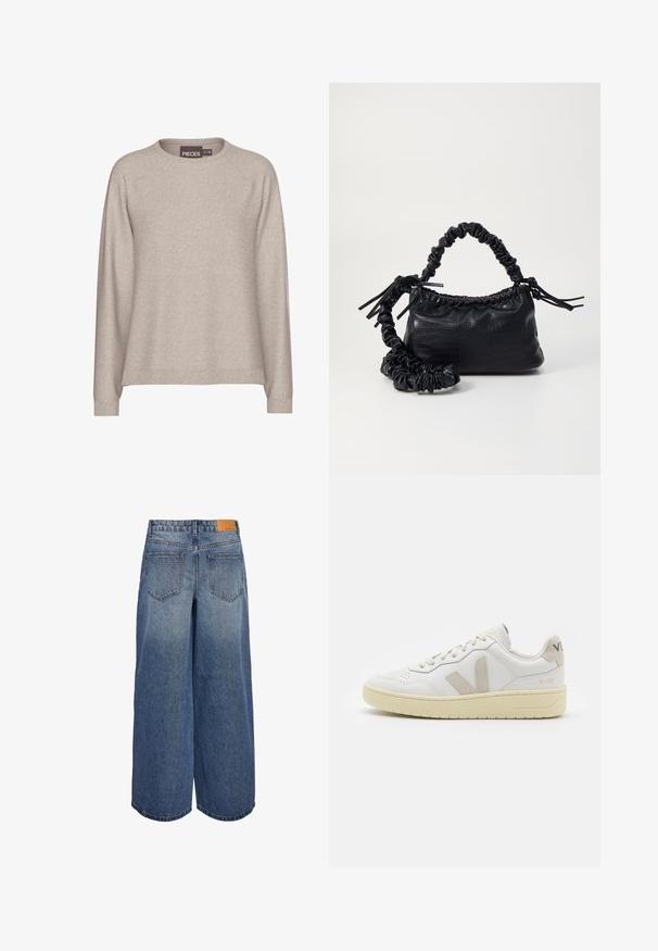 Pulover bej realizat dintr-un material tricotat moale. Dispune de un gât rotund, mâneci lungi și manșete cu dungi. Croială casual, cu o textură netedă.; Culottes din denim cu pantaloni largi, în nuanța albastru mediu, cu o textură decolorată, având două buzunare pe spate și un etichetă de marcă din piele maro pe talie.; Pantofii sport din piele albă cu accente din suede bej, cutie pentru degete perforată, șireturi plate și o talpă texturată de crem. Prezintă branding subtil pe călcâi.; Geantă din faux leather neagră cu textură de crocodil, cu partea superioară strânsă și o curea mototolită. Pare moale și compactă ca design.