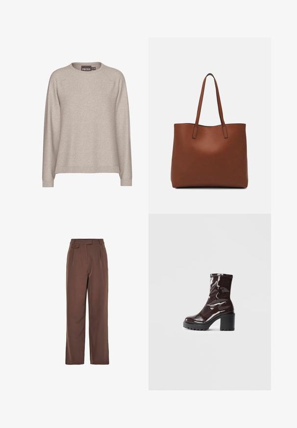 Beige Pullover aus weichem Strickstoff. Mit Rundhalsausschnitt, langen Ärmeln und gerippten Bündchen. Lässige Passform mit glatter Textur.; Braune gewobene weit geschnittene Hosen mit hohem Bund, Vorderfalten und einem Knopfdetail. Glatte Textur mit maßgeschneidertem Design.; Glatte bordeauxrote Ankle Boots mit einem klobigen schwarzen Absatz, die eine glatte Oberfläche und ein einfaches Design aufweisen. Keine sichtbaren Verschlüsse oder Muster.; Braune Leder-Tote mit glatter Textur, offenem Oberteil und zwei Schulterriemen. Verfügt über minimale Nähte und keine sichtbaren Beschläge.
