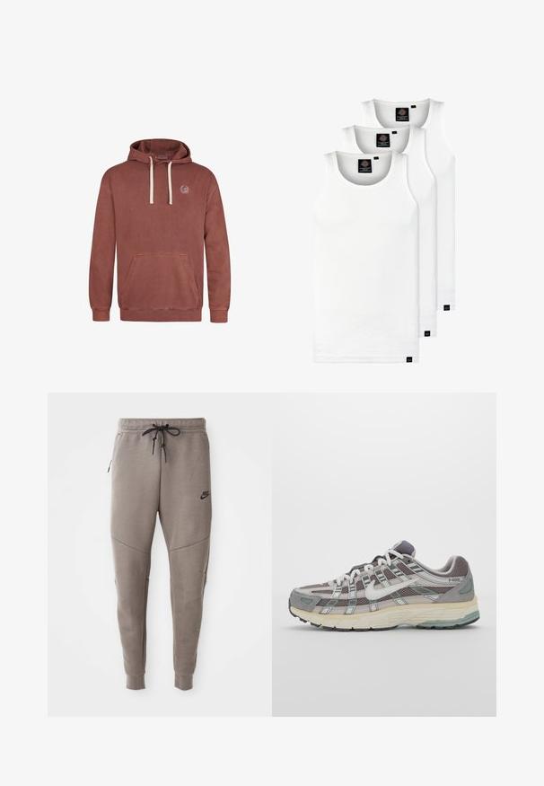 Pullover hoodie in dusty rose color, made from soft fabric. Features a front pouch pocket, drawstring hood, and embroidered logo on the chest.; Three white ribbed tank tops made of cotton. Features a crew neck and small black labels near the hem. Available in multiple sizes.; Gray Nike sweatpants with a drawstring waistband, tapered legs, side pockets, and distinct seam detailing. Soft, textured fabric.; Gray athletic shoe featuring a mesh and suede upper, white accents, a cushioned sole, and a distinctive design with reflective elements.