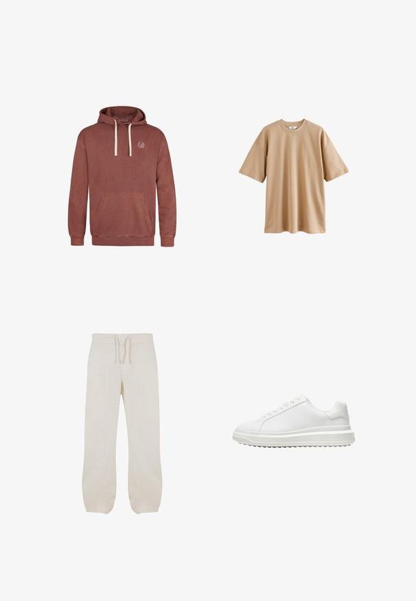 Sweat à capuche de couleur rose poussiéreux, fabriqué en tissu doux. Présente une poche de devant, un capuchon avec cordon de serrage et un logo brodé sur la poitrine.; T-shirt beige à manches courtes en coton avec un col rond et une coupe décontractée, présentant une texture lisse sans motifs ni accents.; Pantalons en lin beige clair avec une taille élastique et un cordon de serrage. Design à jambe droite avec une texture lisse et un léger rétrécissement aux chevilles.; Baskets blanches avec une tige synthétique lisse, bout rond, lacets plats, semelle texturée et un design à plateforme superposée pour plus de hauteur.