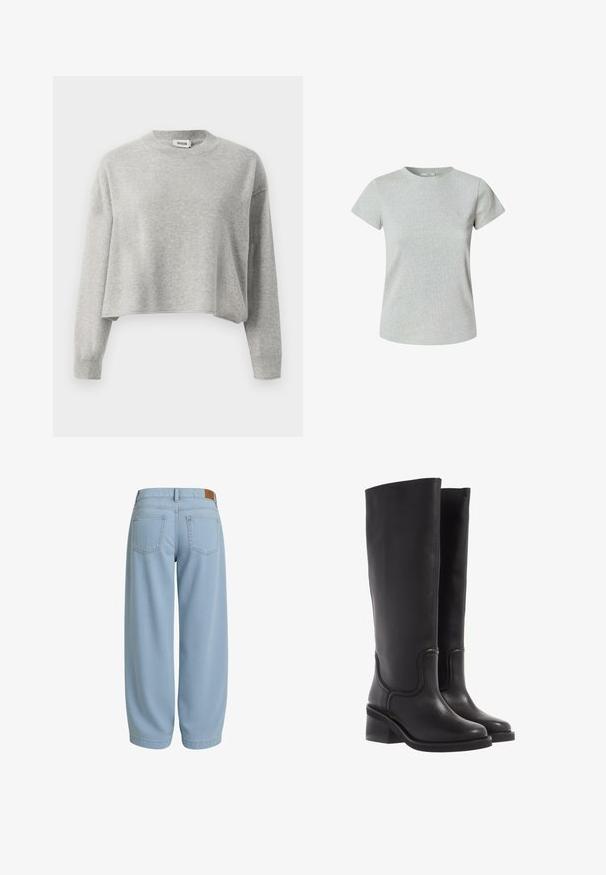 Hellgrauer, beschnittener Pullover mit langen Ärmeln, gerippten Bündchen und Rundhalsausschnitt, aus weichem Strickstoff gefertigt.; Graues Baumwoll-T-Shirt mit kurzen Ärmeln und rundem Ausschnitt. Glatte Textur, klassischer Schnitt und keine sichtbaren Muster oder Verzierungen.; Hellblaue Denim-Hosen mit entspannter Passform, zwei Gesäßtaschen, einem Bund mit einem braunen Lederpatch und schmal zulaufenden Knö cheln.; Schwarze Lederstiefel bis zum Knie mit glatter Textur, abgerundeter Spitze und klobigem Absatz. Mit dezenten Nähten und einem schlanken Design.
