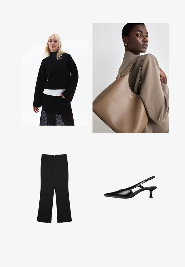 Černý pletený svetr s vysokým výstřihem a širokými rukávy, navrstvený přes bílou halenku, v kombinaci s průhlednou černou krajkovou sukni.; Černé kalhoty s rovným střihem, s předními kapsami a bočními rozparky na lemu. Vyrobené z jemné, hladké tkaniny. Vhodné na různé příležitosti.; Černé lakované lodičky na podpatku se špičatou špičkou, výřezovým designem na boku a malým čtvercovým podpatkem. Hladká textura s minimálními akcenty.; Hnědá kožená kabelka s hladkým povrchem, s zakřiveným siluetou a kovovým logem. Popruh má ozdobné hřebíky podél švu.