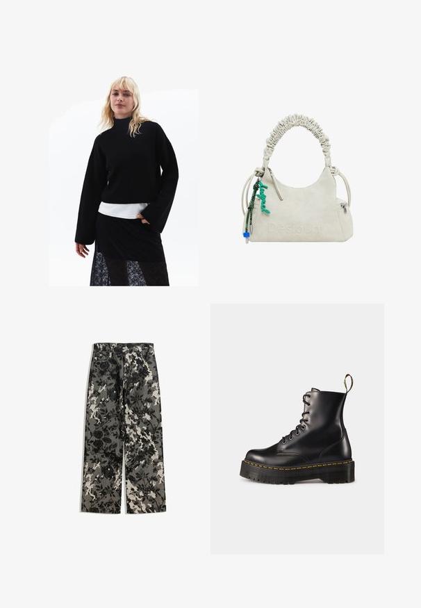 Mustat neulepuserot korkean kaula-aukon ja leveiden hihojen kanssa, vaalean valkoisen paidan päällä, yhdistettynä läpinäkyvää mustasta pitsistä tehtyyn hameeseen.; Kes pants lebar mid-rise dengan pola bunga hitam-putih berpola pada latar belakang abu-abu, dilengkapi dengan pinggang klasik dan saku depan.; Mustat nahkasaappaat, joissa on nyöritys nilkkoihin asti, paksu musta pohja ja keltaset ompeleet. Takana vetotappi ja pyöreät metalliset silmukat.; Vaaleanbeige tekonahkainen käsilaukku, jossa on rypytetty kahva, vetoketjullinen tasku ja vihreä koriste. Sileä pinta, hillitty kohokuvioitu logo ja tyylikäs muotoilu.