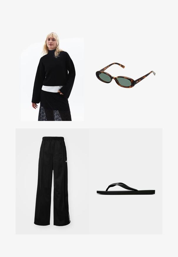 Maglione nero lavorato a maglia con collo alto e maniche larghe, indossato sopra a una maglietta bianca, abbinato a una gonna di pizzo nera trasparente.; Pantaloni da tuta neri a gamba larga con vita elasticizzata, caratterizzati da strisce laterali bianche e un piccolo logo sull'anca sinistra. Tessuto liscio.; Infradito in gomma nera con cinturino testurizzato e suola piatta semplice, mostrati di lato su uno sfondo chiaro e uniforme.; Occhiali da sole tartarugati con montatura ovale e lenti verdi. Presentano aste sottili con un accento metallico vicino alle cerniere.; Borsa a tracolla in pelle intrecciata nera con forma curvata, dotata di una maniglia spessa e chiusura con zip. Superficie testurizzata con finitura lucida.