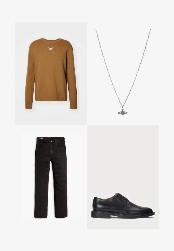 Rudas megztinis su apvalia iškirpte, su raukšlėmis ant rankovių ir apykaklės, pagamintas iš minkštos medžiagos, ant krūtinės yra mažas baltas logotipas.; Juodas medvilnės marškinėliai su apvaliu kaklu ir trumpomis rankovėmis. Su subtiliu priekyje esančiu logotipu ir tiesia apatine dalimi. Paprastas ir minimalistiškas dizainas.; Juodos tiesios kojų džinsinės kelnės su penkiomis kišenėmis, mygtuko užsegimu ir diržo kilpomis, išdėstytos plokščiai ant balto fono.; Juodas odinis suknių batelis su apvalia nosimi, raišteliais ir žemu, sukrautu kulnu. Lygus paviršius su minimaliais siuvinėjimo detalėmis.; Sidabrinė grandinėlė su detaliu pakabuku planetos forma, papuošta mažomis detalėmis ir sudėtingais raštais.
