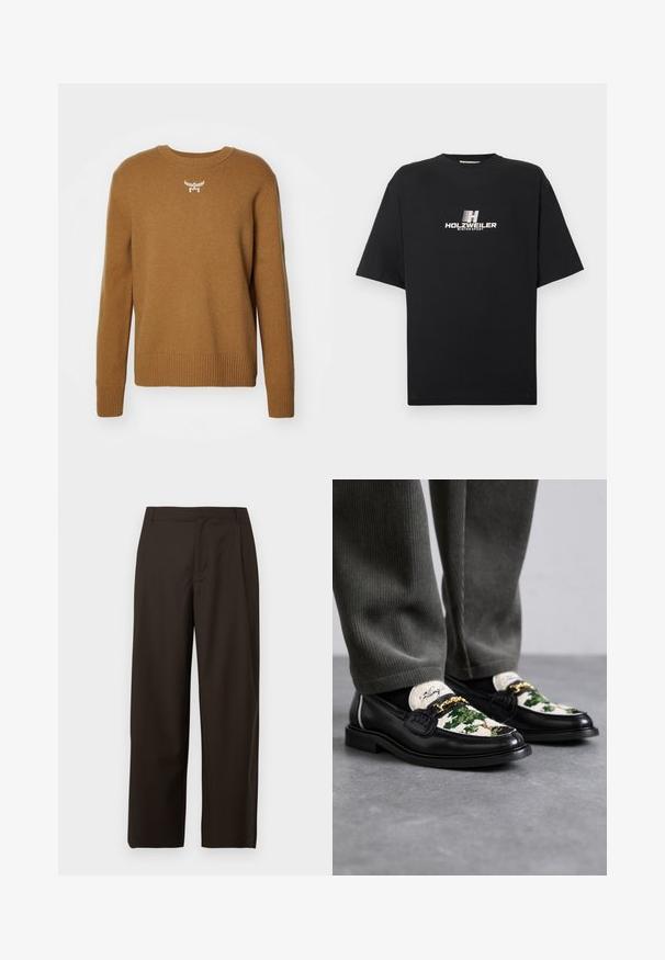 Pull marron avec col rond, bords côtelés aux poignets et à l'ourlet, fabriqué en tissu doux, présentant un petit logo blanc sur la poitrine.; T-shirt en coton noir avec un col rond et des manches courtes. Présente un logo imprimé blanc avec l'inscription "HOLZWEILER WINTERSPORT" à l'avant.; Pantalon marron à jambes larges en tissu lisse, avec un devant plat sans poches ni ornements visibles.; Mocassins en cuir noir avec un dessus en textile décoratif vert et blanc. Présente un accent en chaîne dorée et une semelle noire texturée.