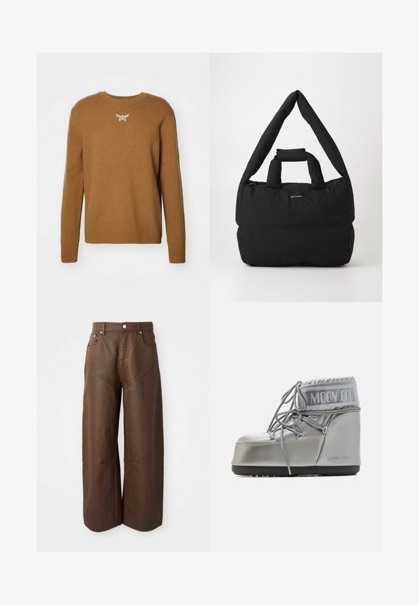 Suéter marrón con cuello redondo, puños y dobladillo acanalados, hecho de una tela suave, con un pequeño emblema de logo blanco en el pecho.; Pantalones de cuero marrón de pierna ancha con cinco bolsillos y cierre de botón, exhibidos sobre un fondo blanco liso.; Botas plateadas impermeables con forma redondeada, acabado texturizado y cordones grises. Presenta un destacado logo "MOON BOOT" en la parte superior.; Bolsa acolchada negra con una amplia y suave correa para el hombro y un asa en la parte superior. Presenta un cierre con cremallera y un logo sutil en la parte frontal.