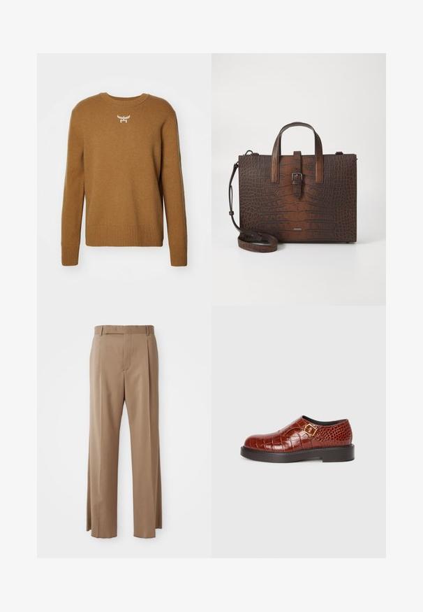 Rjav pulover s krožno ovratnikom, z reberčastimi manšetami in robom, izdelan iz mehkega blaga, z majhnim belim logotipom na prsih.; Svetlo rjave prirejene hlače s klasičnim krojem, z zankami za pas, sprednjim šivom in skritim zapiranjem, razstavljene na ravni beli podlagi.; Rjave usnjene čevlje s teksturo krokodila, ki imajo kvadratno zlato sponko, gladek zaokrožen nos in debel črn podplat.; Brašna iz rjave krokodilne usnjene embalaže s zgornjimi ročaji in odstranljivim ramenskim trakom. Ima zapiranje z zaponko in pravokotno obliko.