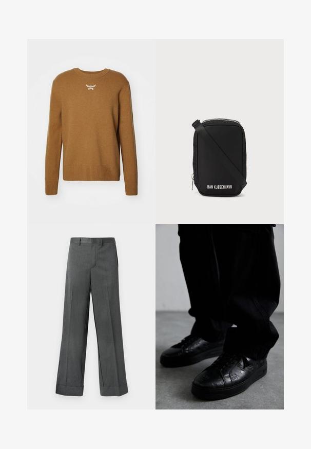 Hnedý sveter s okrúhlym výstrihom, rebrovanými manžetami a spodným lemom, vyrobený z mäkkej látky, so malou bielou logom emblemom na hrudi.; Šedé, široké nohavice s textúrovanou tkaninou, s plochým predným dielom, pútkami na opasok a manžetami na koncoch. Strihované bez viditeľných vreciek.; Čierne kožené tenisky s textúrovanými vzormi, vybavené gumovou podrážkou a okrúhlou špičkou. Šnúrky sú čierne a dopĺňajú tmavý dizajn obuvi.; Čierna taška obdĺžnikového tvaru, vyrobená z hladkého materiálu. Má vrchný zips, nastaviteľný popruh a biele písmo: "HAN KJØBENHAVN."