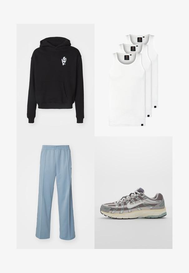Felpa nera con cappuccio, dotata di tasca frontale e un design di una mano bianca stampata sul lato sinistro del petto. Il tessuto è liscio e leggermente strutturato.; Tre canotte bianche a coste in cotone. Presentano un colletto rotondo e piccole etichette nere vicino all'orlo. Disponibile in diverse taglie.; Carhartt WIP BOLAN PANT - Pantaloni sportivi - dusty ice/positano; Scarpa sportiva grigia con tomaia in mesh e suede, dettagli bianchi, suola ammortizzata e un design distintivo con elementi riflettenti.