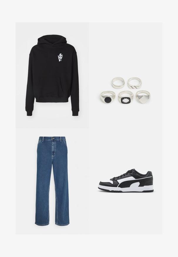 Felpa nera con cappuccio, dotata di tasca frontale e un design di una mano bianca stampata sul lato sinistro del petto. Il tessuto è liscio e leggermente strutturato.; Jeans in denim blu con taglio dritto, design a cinque tasche, chiusura con bottone metallico e cuciture visibili lungo le cuciture e l'orlo.; Sneaker bianco e nero con tomaia in pelle, dettagli testurizzati, linguetta imbottita, design con lacci e suola in gomma con scanalature.; Cinque anelli d'argento: uno con un dettaglio circolare nero, uno con un motivo geometrico bianco e nero, e altri con diverse forme e finiture.