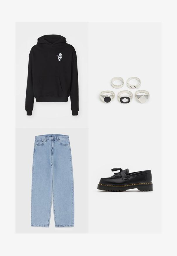 Sudadera con capucha negra, con bolsillo frontal y un diseño de mano blanca impresa en el lado izquierdo del pecho. La tela es suave y ligeramente texturizada.; Jean de mezclilla azul claro con diseño de pierna recta, con una cintura de altura media, cinco bolsillos y un cierre de botón y cremallera.; Mocasín de cuero negro con un acento de borlas, que presenta una suela gruesa negra y costuras amarillas a lo largo del borde. Acabado texturizado.; Cinco anillos de plata: uno con un detalle circular negro, uno con un patrón geométrico en blanco y negro, y otros con diversas formas y acabados.