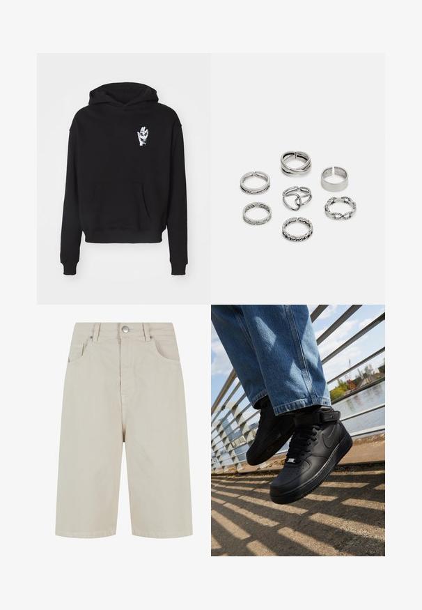 Fekete kapucnis pulóver, elülső zsebbel és a bal mellen fehér kézmotívummal. Anyaga sima és enyhén textúrált.; Beige farmernadrág, egyenes szabással, elülső gombos záródással és négy zsebbel. Az anyag sima textúrájú, minimális varrási részletekkel.; Fekete Nike Air Force 1 sportcipők bőr felsőrésszel, hálós nyelvvel és gumitalppal, magas szárú dizájnnal és vastag fűzőkkel.; Hét ezüst gyűrűből álló szett, különböző formákkal és szélességekkel, köztük csavart, összekapcsolt és gravírozott mintákkal.