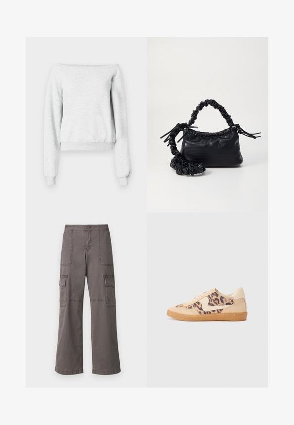 Pelēka sporta krekls ar atsegtiem pleciem, garām piedurknēm un ribotām malām. Izgatavots no mīksta materiāla ar īsu apakšmalu.; Pelēkas kokvilnas bikses ar platām kājām, kas piedāvā divas priekšējās kabatas, divas sānu kabatas un redzamās šūšanas detaļas.; Leoparda drukas kedas ar beidzējo zamša virsu, brūnu gumijas zoli un baltām akcenta detaļām. Apļveida purngals un auklu aizdare ar strukturētu virsmu.; Melnā mākslīgās ādas rokassoma ar krokodila rakstu, savilkta augšdaļa un saburzīta siksna. Izskatās mīksta un kompakta pēc dizaina.