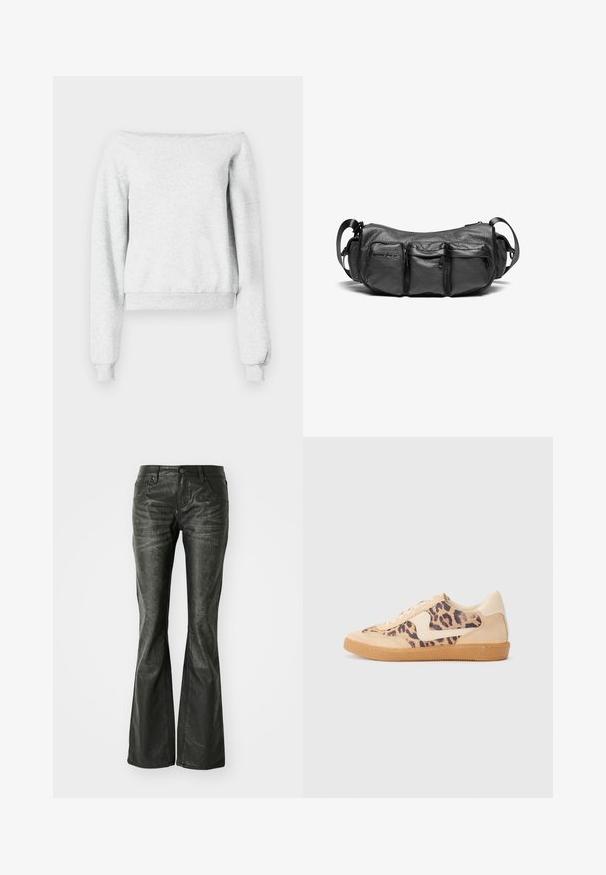 Gray sweatshirt with an off-the-shoulder design, long sleeves, and ribbed cuffs. Made of soft fabric with a cropped hemline.; Black faux leather flared jeans with front pockets, a metal button closure, and a slightly textured surface. Straight leg with a long cut.; Leopard print sneakers with beige suede upper, tan rubber sole, and white accents. Round toe and lace-up design with a textured finish.; Black leather crossbody bag with a textured finish. Features three exterior pockets and an adjustable strap. Compact, rounded shape.