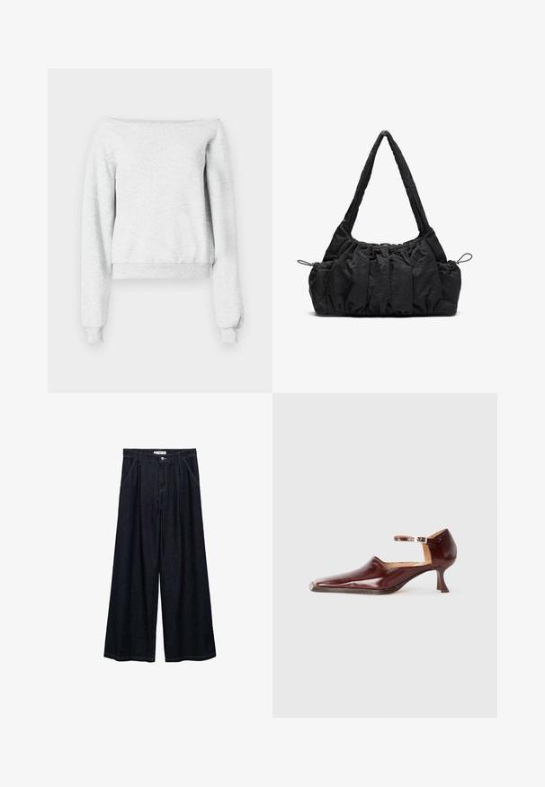 Szara bluza z dekoltem typu off-the-shoulder, długimi rękawami i prążkowanymi mankietami. Wykonana z miękkiego materiału, z krótkim dołem.; Ciemnoniebieskie spodnie o szerokich nogawkach z wysokim stanem, z zamknięciem na guzik z przodu, dwoma bocznymi kieszeniami oraz detalami w szwach.; Burgundowe lakierowane buty na obcasie z wąskim noskiem, paskiem na kostkę i 5 cm stożkowym obcasem. Gładka tekstura i minimalistyczny design.; Czarna torebka z tkaniny z marszczoną fakturą, z dwoma ramiączkami i sznurkiem do ściągania po bokach. Gładki, lekki materiał.