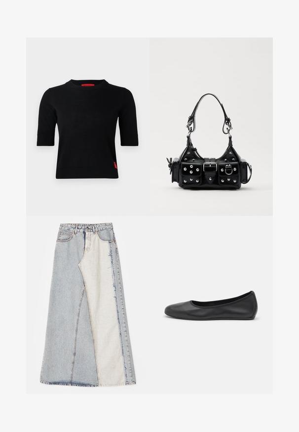 Top en tricot noir à manches courtes et col rond. Présente une étiquette logo rouge sur le côté gauche et des poignets côtelés. Texture lisse.; Jupe en denim avec un motif patchwork composé de sections bleues clair et moyen, ourlets effilochés et taille haute. Style classique à cinq poches.; Ballerines en cuir noir avec un bout rond, texture lisse, détails de couture minimalistes et design de semelle flexible.; Sac à main en cuir noir au design courbé, avec des clous en argent, une boucle et deux poches latérales. Bandoulière réglable pour différentes options de transport.
