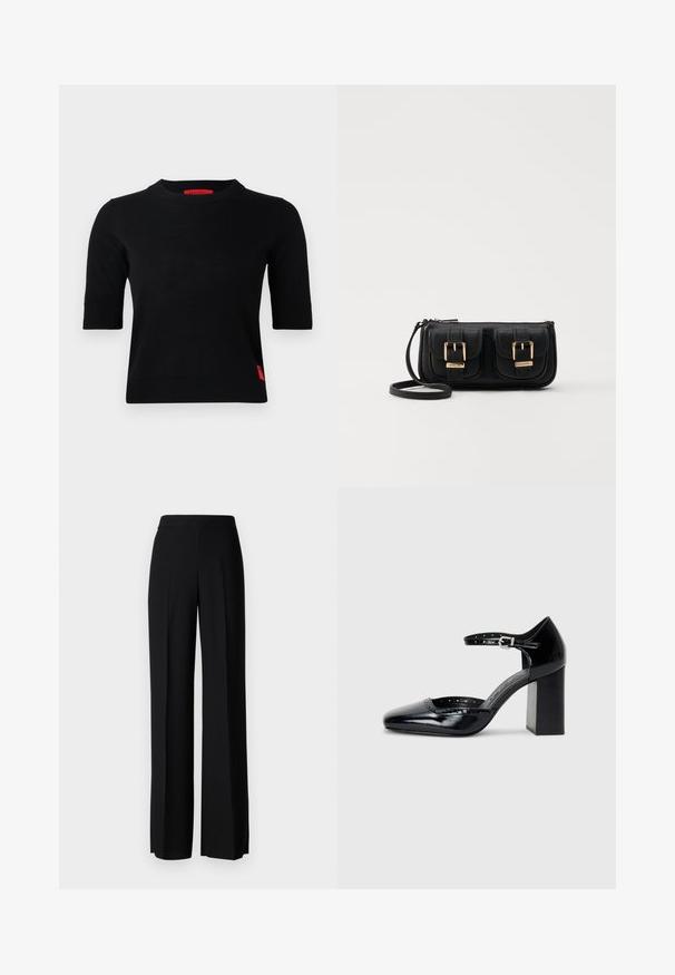 Black short-sleeved knit top with a round neckline. Features a red logo tag on the left side and ribbed cuffs. Smooth texture.; Black wide-leg trousers with a smooth texture, featuring a high waistband and center pleats. No visible patterns or hardware details.; Black patent leather high-heeled shoes with a square toe, ankle strap, and a chunky heel. Includes perforated detailing along the rim.; Black leather crossbody bag with two front pockets, gold buckles, zipper closure, and a slim strap. Textured surface and compact rectangular shape.