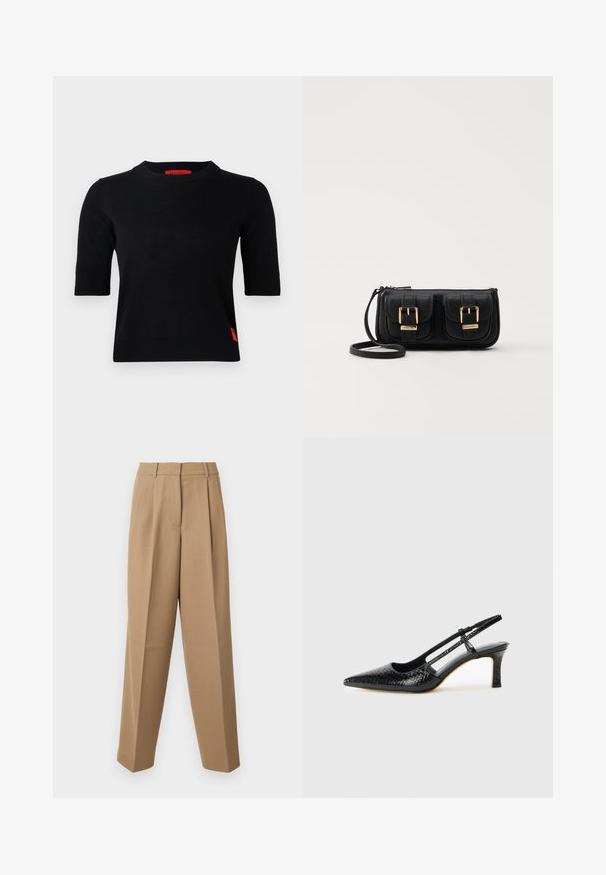 Svart kortermet genser i strikk med rund hals. Har et rødt logo-merke på venstre side og ribbede mansjetter. Glatt tekstur.; Beige skræddersyede bukser med høj talje, plisseret front og brede ben. Stof virker glat med en let glans.; Sorte patent slingback hæl med spids tå, featuring tekstureret slangeskind, justerbar rem og en kort, tekstureret blokhæl.; Svart skinn crossbody veske med to frontlommer, gyldne spenner, glidelåslukking og en slank stropp. Teksturert overflate og kompakt rektangulær form.