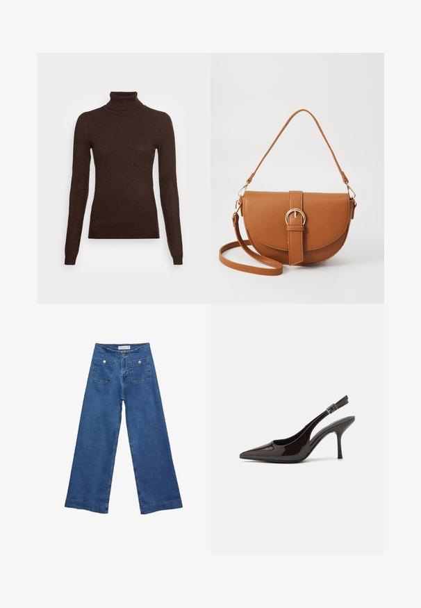 Vero Moda Tall VMHAPPINESS ROLLNECK - Pulover - coffee bean; Jeans širokih nogavic iz denima z medenim modrim pranjem, dvema sprednjima žepoma z gumbnimi zaprtji in šivanjem ob robovih.; Slingback visoke pete v sijajni temno rjavi lak koži, koničastim nosom, odprtimi stranmi in nastavljivim gležnjenčkim trakom.; Rjava usnjena torbica prek telesa s ukrivljeno obliko, zlate opreme in sponko. Ima odstranljiv naramni trak.