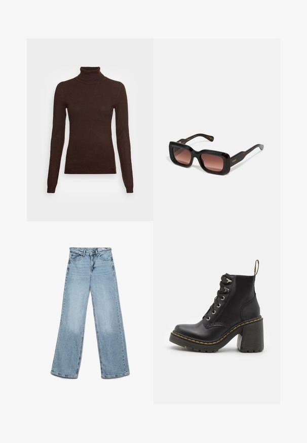 Vero Moda Tall VMHAPPINESS brązowy; Jasnoniebieskie dżinsy o szerokim kroju, wykonane z denimu, z klasycznym pięciopakowym wzorem oraz prostym krojem, z minimalnym blaknięciem na nogawkach.; Czarne skórzane botki za kostkę z masywnym wysokim obcasem, sznurówką z przodu, metalowymi oczkami i żółtym przeszyciem wzdłuż podeszwy. Teksturowana gumowa podeszwa.; Prostokątne okulary przeciwsłoneczne z ciemnymi ramkami z żółtodzióbkowego tworzywa, gradientowymi brązowymi soczewkami i złotym logotypem na zausznikach. Gładka faktura, wyrazisty design.; Burgundowa torebka wykonana z materiału syntetycznego, o strukturalnym designie, z odpinanym paskiem i chustą w kwiatowy wzór związaną na uchwycie.