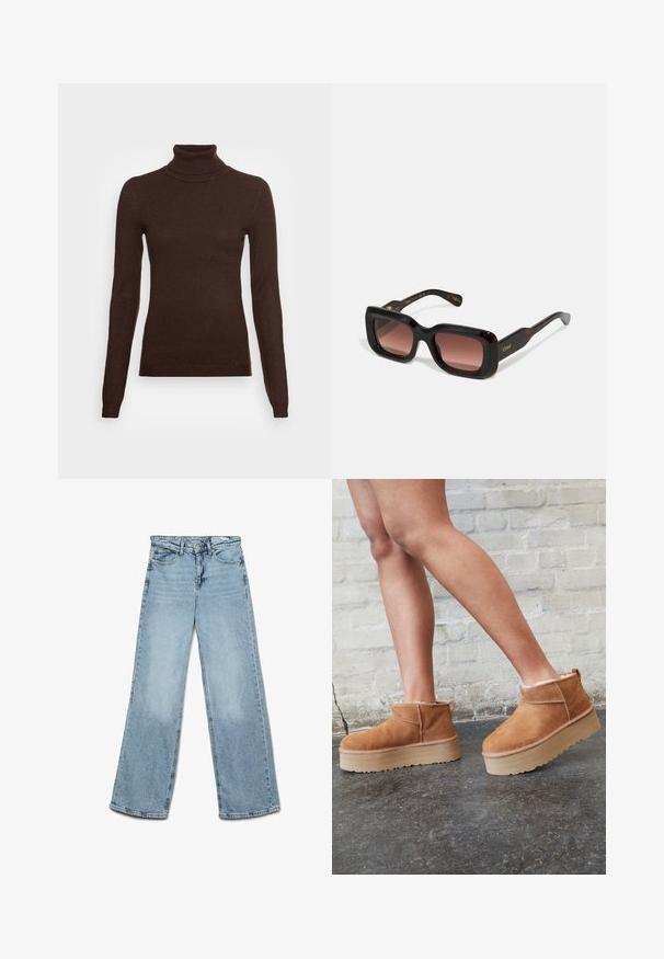 Vero Moda Tall VMHAPPINESS ROLLNECK - Maglione - coffee bean; Jeans a gamba larga blu chiaro, realizzati in denim, con un classico design a cinque tasche e una vestibilità dritta con una leggera scoloritura sulle gambe.; Stivali alla caviglia in suede marrone con una fodera morbida, suola platform spessa beige e un'asola posteriore. Superficie testurizzata con dettagli di cucitura ben visibili.; Occhiali da sole rettangolari con montatura in tartaruga scura, lenti marroni sfumate e logo dorato sulle tempie. Texture liscia, design audace.; Orologio in acciaio inossidabile oro e argento con quadrante bianco rotondo, marcatori minimalisti e un bracciale in metallo bicolore. Presenta una corona sul lato.