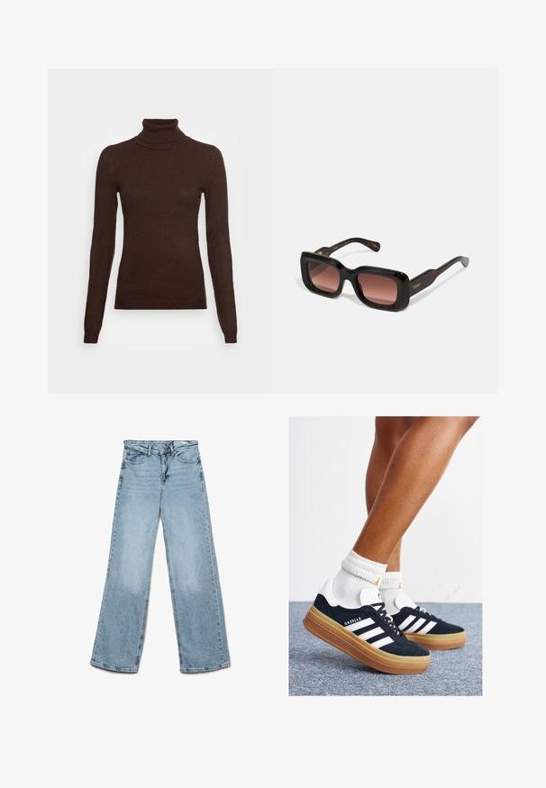 Vero Moda Tall VMHAPPINESS ROLLNECK - Pulover - coffee bean; Blugi largi de culoare albastru deschis, din denim, cu un design clasic cu cinci buzunare și o croială dreaptă, având o decolorare minimă pe picioare.; Adidași negri din piele întoarsă cu dungi și accente albe, vârf rotund, talpă de cauciuc gumă, asortați cu șosete albe cu model nervurat.; Ochelari de soare dreptunghiulari cu rame din tortoiseshell întunecat, lentile maro cu nuanțe gradient și branding auriu pe brate. Textură netedă, design îndrăzneț.