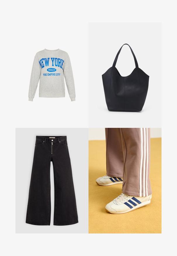 Felpa grigia chiaro con maniche lunghe, caratterizzata da un testo blu che recita "NEW YORK BROOKLYN THE EMPIRE CITY." Tessuto morbido in misto cotone.; Jeans a gamba larga in denim nero con chiusura a zip, design a cinque tasche e dettagli di cucitura sottili. Texture morbida e stile casual.; Sneakers crema con strisce in suede blu, lacci bianchi e suola in gomma. Abbinati a pantaloni sportivi grigi con strisce laterali bianche.; Borsa tote nera realizzata in pelle liscia, con una parte superiore curva e aperta, dotata di due manici per spalla e un design minimalista.