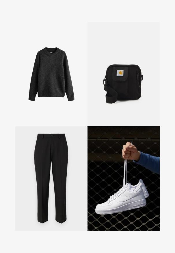 Maglione grigio scuro, realizzato in un misto di lana testurizzata, con collo rotondo, maniche lunghe e polsini e orlo a coste. Design semplice.; Pantaloni neri in tessuto liscio, con un design a gamba dritta, tasche frontali, chiusura con un singolo bottone e senza motivi visibili.; Sneakers in pelle bianca con perforazioni, punta rotonda, suola piatta e lacci spessi, con logo swoosh visibile e "AIR" sul tallone.; Borsa a tracolla nera con un compartimento principale con zip, tasca frontale, tracolla regolabile e una patch del logo visibile sul risvolto.
