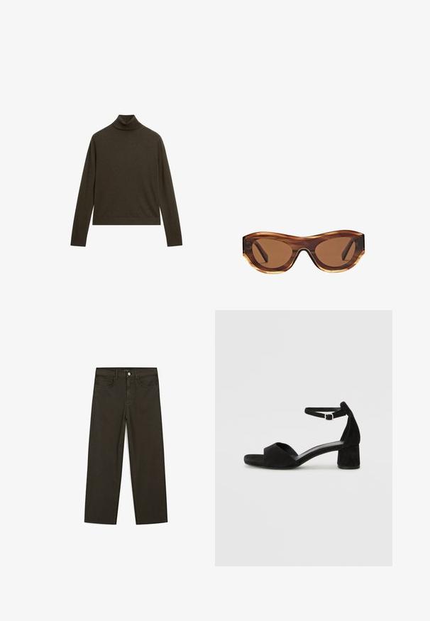 Ciemnozielony sweter typu golf wykonanego z miękkiego materiału, z długimi rękawami i prążkowanym dekoltem, o luźnym kroju i minimalistycznym designie.; Ciemnozielone spodnie dżinsowe typu wide-leg wykonane z mieszanki bawełny, z zamkiem na guzik z przodu, pięcioma kieszeniami i klasycznym przeszyciem dżinsowym.; Czarne zamszowe sandały na obcasie z cienkim paskiem wokół kostki, otwartym noskiem i skromnym słupkowym obcasem. Gładka faktura i minimalne akcenty.; Okulary przeciwsłoneczne z oprawką w wzór żółwiej skorupy, brązowymi gradientowymi szkłami i eleganckim kształtem kociego oka. Wykonane z lekkiego plastiku z błyszczącym wykończeniem.; Brązowa skórzana torba tote z dwoma wydłużonymi uchwytami, usztywnionym prostokątnym kształtem, gładką teksturą i subtelnymi detalami przeszycia.